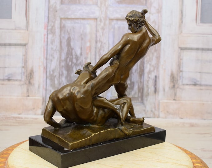 Large Bronze Sculpture Theseus Fighting the Minotaur - Ramoy Bronze Style - Bronze Statue on Marble Base - Mythology Sculpture Home Decor