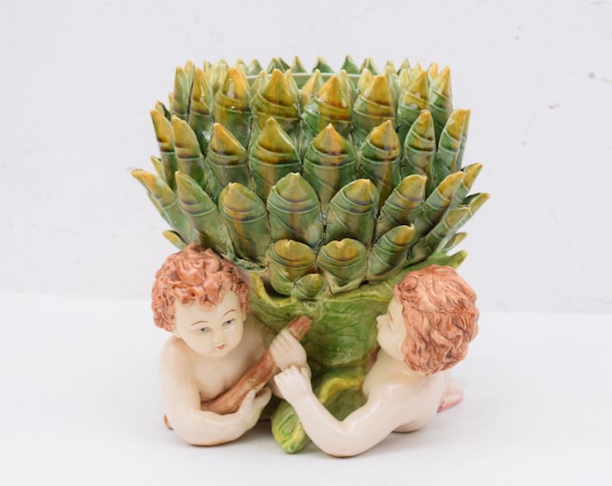Flower Pot Ceramic- Flower Design - Angels Porcelain Statue - Antique Porcelain Bowl - Plateau with Angels - Gift Idea