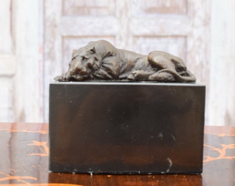 Great Lying Panther Bronze Sculpture on Marble Base - Elegant Animal - Home Decor - Richly Decorated - Unique Bronze