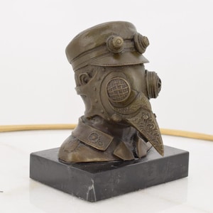Steampunk Bronze Sculpture Doctor Plague – Bird Face Steampunk Figure on Marble Base – Unique Art Decor & Gift Idea for Collectors and Home