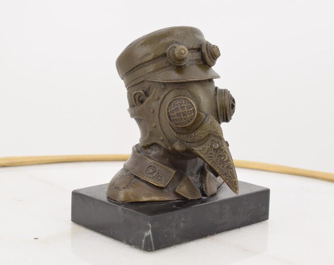 Steampunk Bronze Sculpture Doctor Plague – Bird Face Steampunk Figure on Marble Base – Unique Art Decor & Gift Idea for Collectors and Home