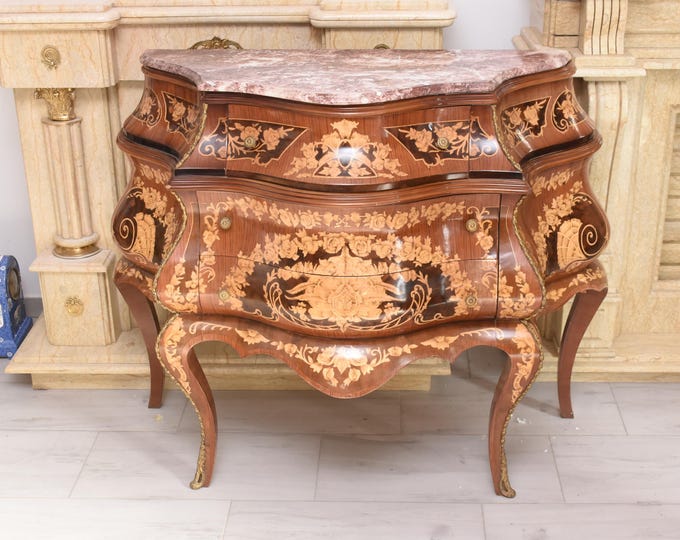 French Baroque Commode: Antique Beech Wood Chest with Marble Top