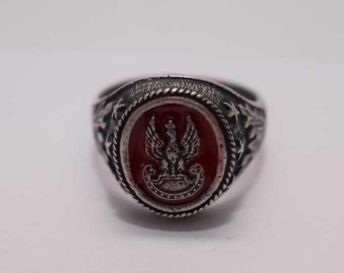 Silver Polish Patriot Ring - Ring Polish Eagle Silver Ark Work - Enamelled Signet Ring - Gift for Patriots