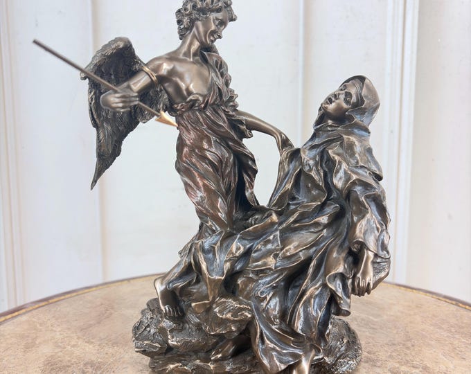 Saint Teresa of Ávila and Angel Figurine - Mystical Vision Statue - Bronze-Coated Religious Decoration