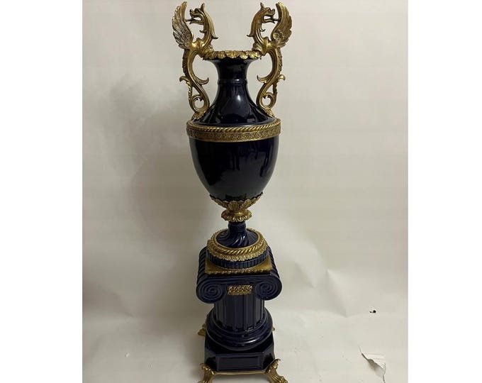 54inch Cobalt Blue Amphora Vase with Pedestal | Bronze Ornaments Accents | Porcelain Urn | Vintage French Style Home Decor