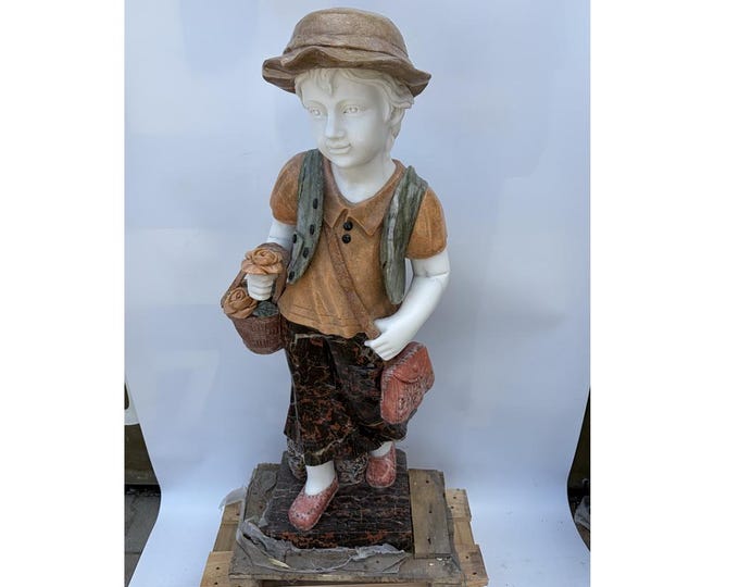 Vintage Marble Girl Statue with Flowers - Large Child Figure with Hat and Basket
