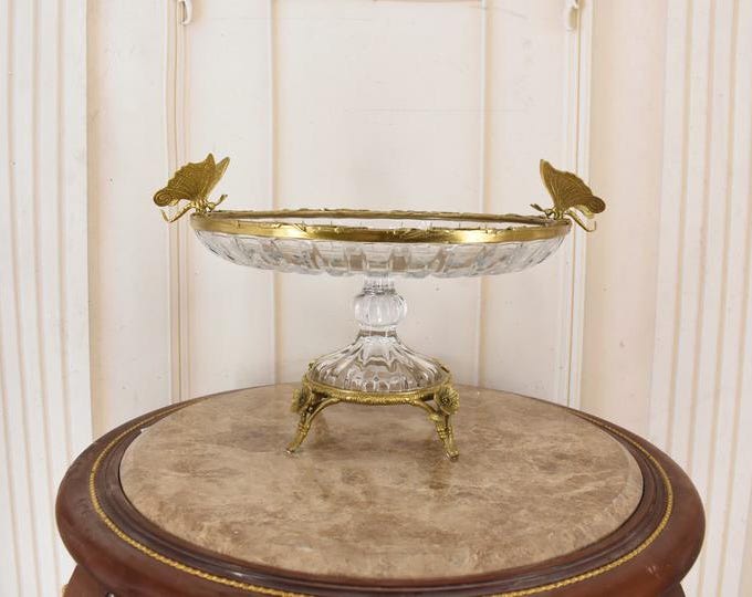 Art Nouveau Crystal Fruit Bowl: Hand-Painted Bronze Dragonflies, French Centerpiece