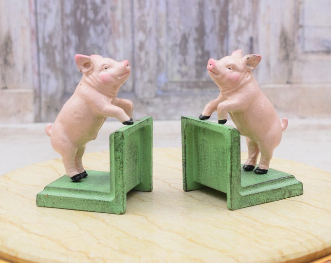 Pair Bookends Two Funny Pigs - Pig Statue - Figurines Pink Pigs - Book Stand Vintage - Cast Iron Book Support - Home Decor - Books Stand