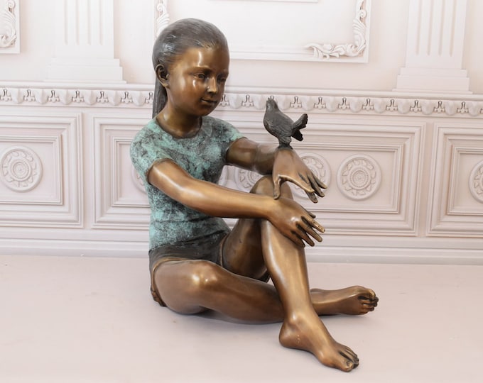 Bronze Girl with Bird Garden Statue – Detailed Child Sculpture (52cm)