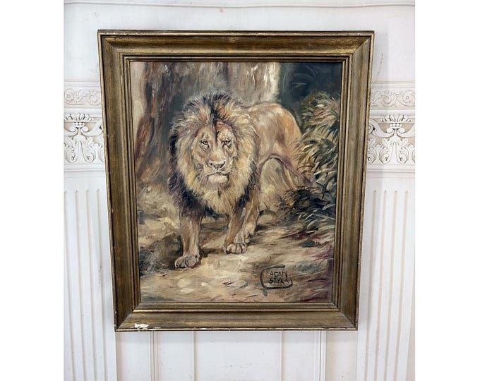 Antique Lion Oil Painting on Canvas - Signed Styka Art - Large Wildlife Portrait - Decorative Framed Painting