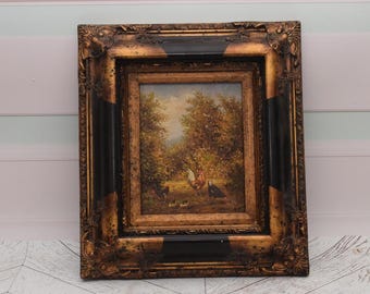 Rooster and Hen Painting in Golden Vintage Frame