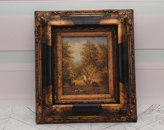 Wonderful Painting Family Rooster and Hen - Painting in Golden Frame - Painting Art Work - Wall Decor - Amazing Home Decor
