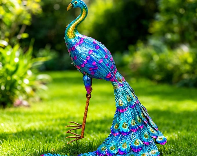 Large Colorful Iron Peacock Statue – Garden Decor
