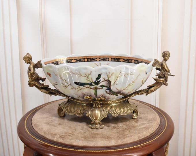 Porcelain Plateau: Bronze Angels, Floral Design, Home Decor (6.69x16.14 inches)