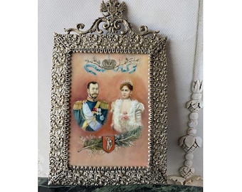 Antique Imperial Russian Silver Frame with Hand Painted Porcelain Plaque – Tsar Nicholas II and Empress Alexandra