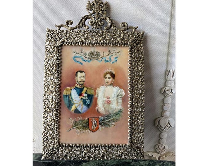 Antique Russian Silver Frame, Hand Painted Porcelain Plaque – Tsar Nicholas II, Empress Alexandra