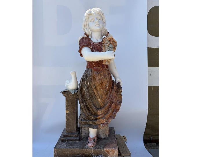 Vintage Marble Girl and Swan Garden Sculpture – Heavy Stone Figurine, Luxury Decor