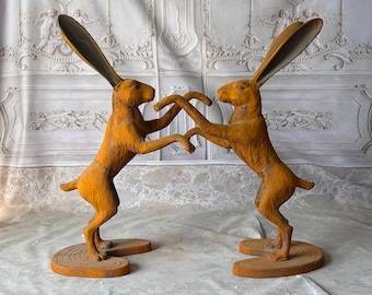 Vintage French Boxing Hares Cast Iron Sculptures – Humorous Animal Garden Decor Pair