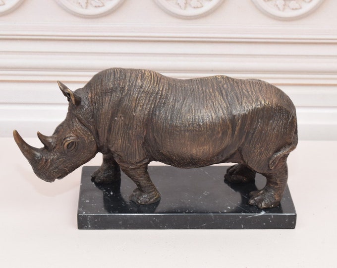 Amazing Rhinoceros Bronze Statue on Marble Base - Vintage Rhino Bronze - Unique Animal Sculpture - Gift Idea - Home Decor