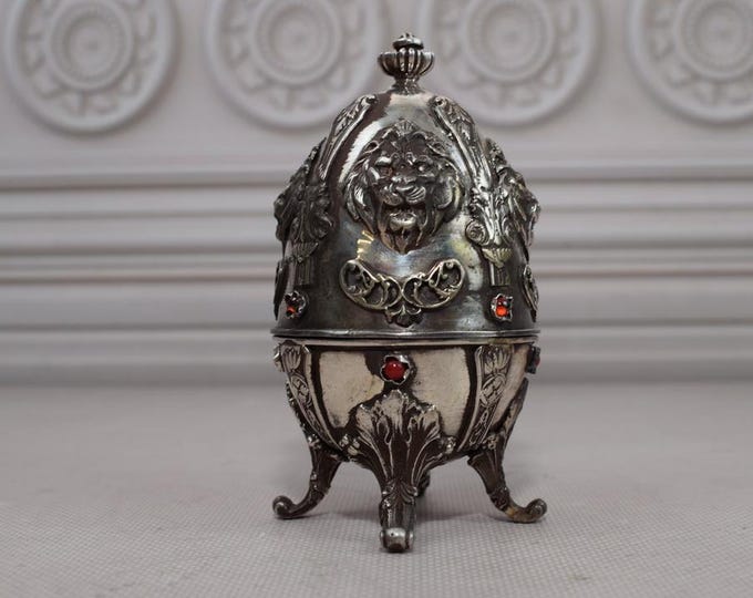 Hunter Silver Egg - Lion Head Silver 84 - Antique Style Silver Box Imperial Russia 84 - Russian Eagles - Amazing Gift for Collector