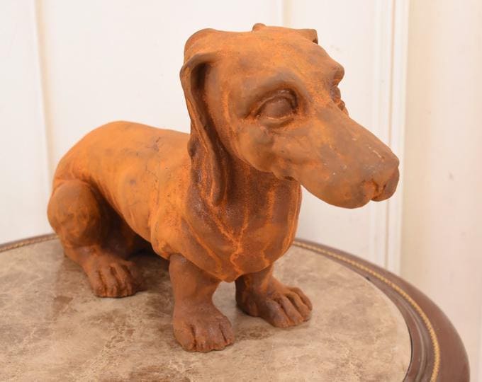 Cast Iron Rusty Dachshund Sculpture: Vintage Dog Figurine, Animal Lover Gift