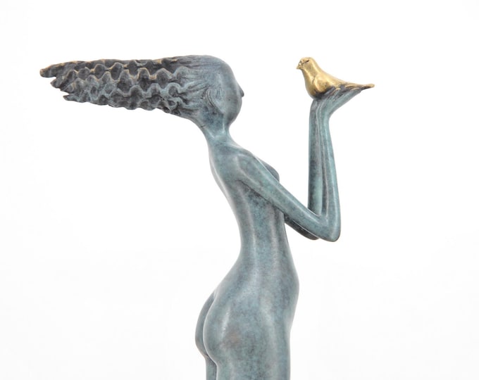 Modernist Bronze Woman with Bird – Blue Patina Sculpture on Marble Base – French Art Figurine – Elegant Home Decor - Gift for Birthday