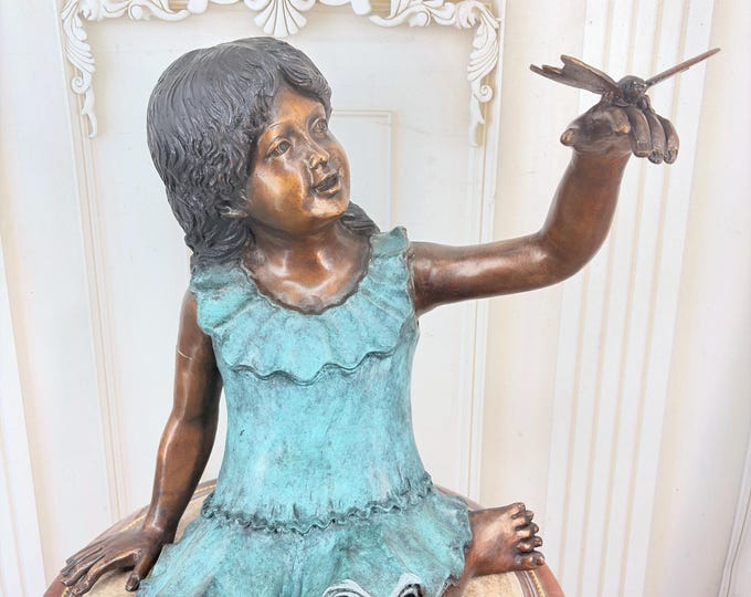 Bronze Garden Statue: Girl with Butterfly - Richly Decorated Sculpture (21.7 inches)