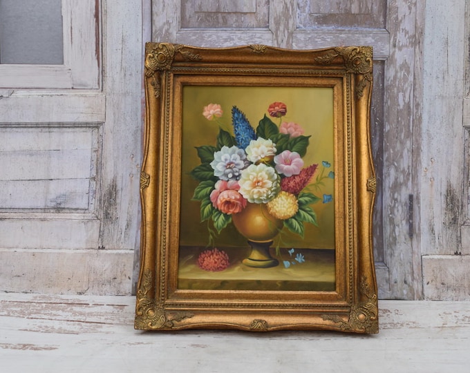 Flowers Painting in Golden Frame Oil on Canvas 54x44 - French Art - Flower Wall Decor - Luxury Gift - Wall Art - Home Decor