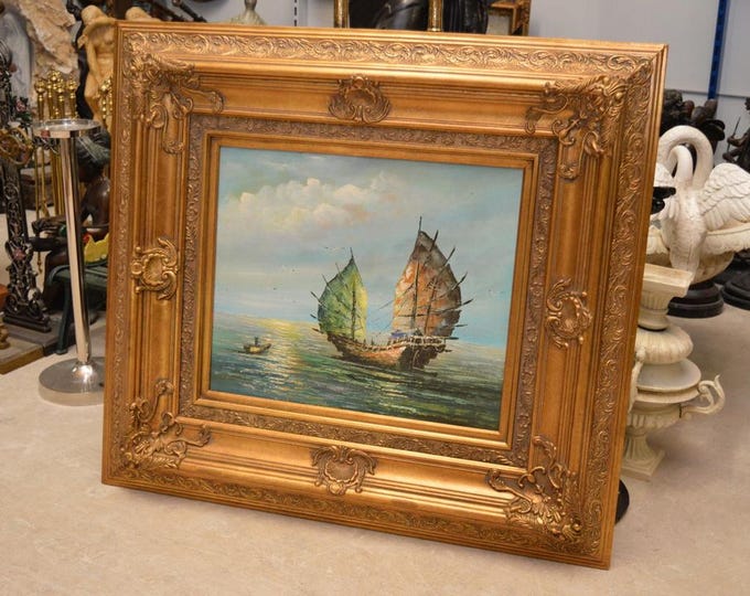 Large Vintage Seascape Oil Painting - Sailing Ship at Sea - Maritime Wall Art