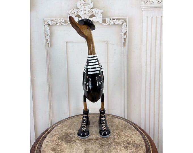 Vintage Teak Wood Duck Figurine - Hand Painted Sailor Duck Statue - Wooden Animal Decor - Unique Gift