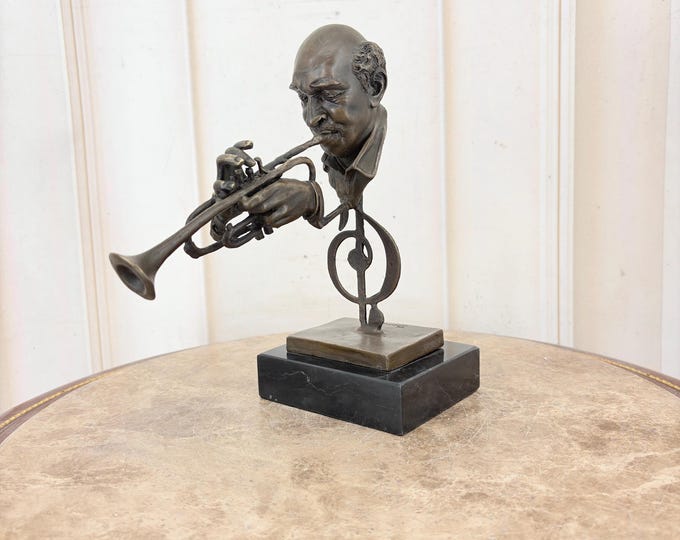 Jazz Trumpet Player - Bronze Figurine on Marble Base - Signed Musician Statue - Jazz Music Decor