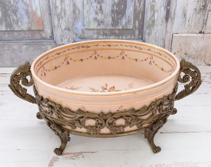 Plateau Porcelain with Bronze Ornaments - Handmade Painted Porcelain - Vintage Bowl with Flowers Design Luxury Bowl - Gift Idea for Wedding