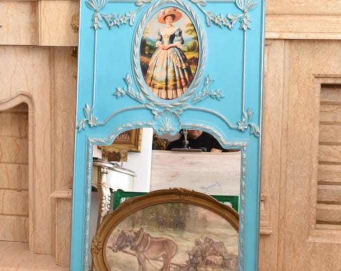 Large Blue Vintage Mirror with Hand-Painted Scene - Wooden Frame - French Chateau Wall Decor - 120 cm