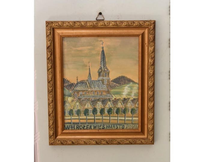 Nikifor Krynicki Painting: Old Krynica Zdroj, Polish Art Pastel on Carton