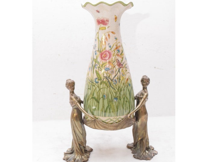 Porcelain vase with flowers design - flower pot porcelain - two nympfs bronze ornaments - porcelain bowl - home decor