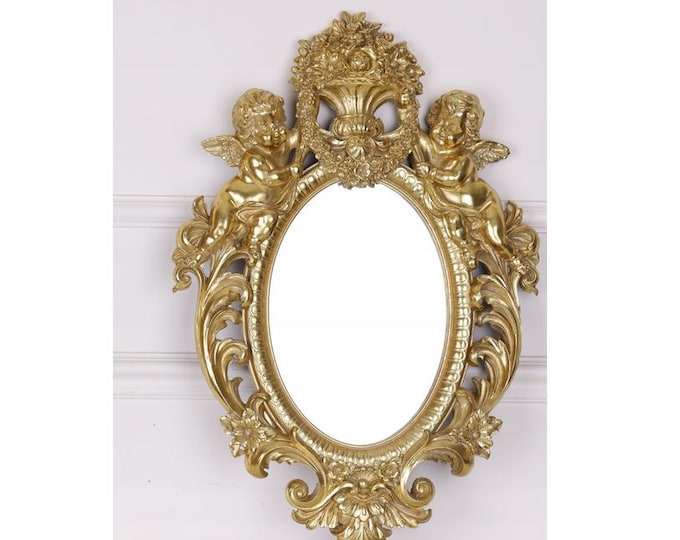 Oval Mirror with Gold Angels – Crystal Accents – Art Deco Style Wall Decor – Elegant Gift Idea – Vintage-Inspired Angelic Design