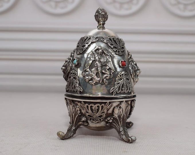 Hunter Silver Egg - Lion Head Silver 84 - Antique Style Silver Box Imperial Russia 84 - Russian Eagles - Amazing Gift for Collector