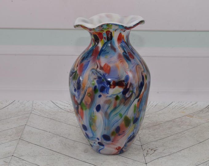 Unique Orange Vase Murano Style Glass - Handcrafted Flower Pot - Vase with Peacocks Eyes Design - Gift Idea - Italian Glass - Home Decor