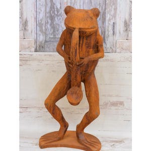 Large Rustical Cast Iron Frog - Frog Playing the Saxophone Luckily Sculpture - Very Big Statue - Home and Garden Decor - Unique Vintage Gift