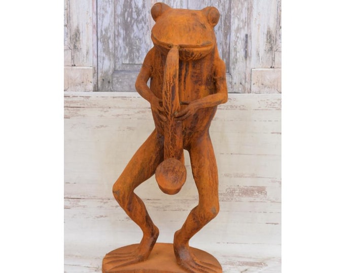 Large Rustical Cast Iron Frog - Frog Playing the Saxophone Luckily Sculpture - Very Big Statue - Home and Garden Decor - Unique Vintage Gift
