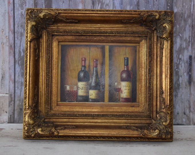 Painting Wine Bottles in Golden Frame - Antique Interior Painting - Oil on Wood - French Art Wall Decoration - Luxury Gift - Home Decor