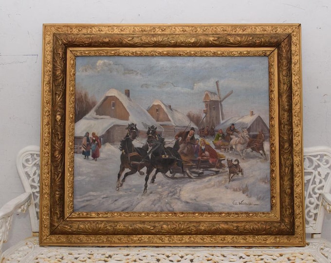 Very Large! Winter Landscape - Hunting Trip - Horse Art - Painting - Old Painting on Canvas - Wall Decor - Home Decor - Wall Art