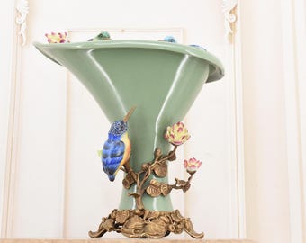 Green Porcelain Vase with 2 Bronze Hummingbirds – Hand-Painted – Unique French Vintage Flower Vase – Elegant Home Decor