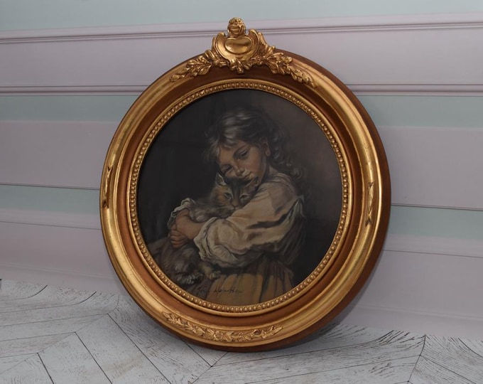 Antique Painting Girl with Cat - Painting on Carton with Old Gold Frame - Mehoffer Style Painting Polish Artist - Wall Decor - Home Decor