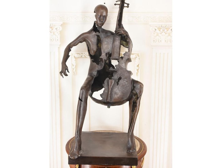 Large Bronze Cello Sculpture: French Modernist Woman Statue