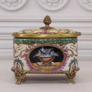 Porseleinen kist art nouveau - ontwerp met bloemen en vogels - bronzen ornamenten - vintage porseleinen doos - woondecoratie - cadeau voor bruiloft