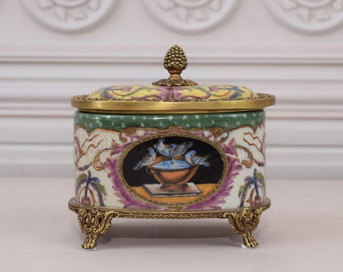 Porcelain Casket Art Nouveau - Flowers and Birds Design - Bronze Ornaments - Vintage Porcelain Box - Home Decor - Gift for Wedding