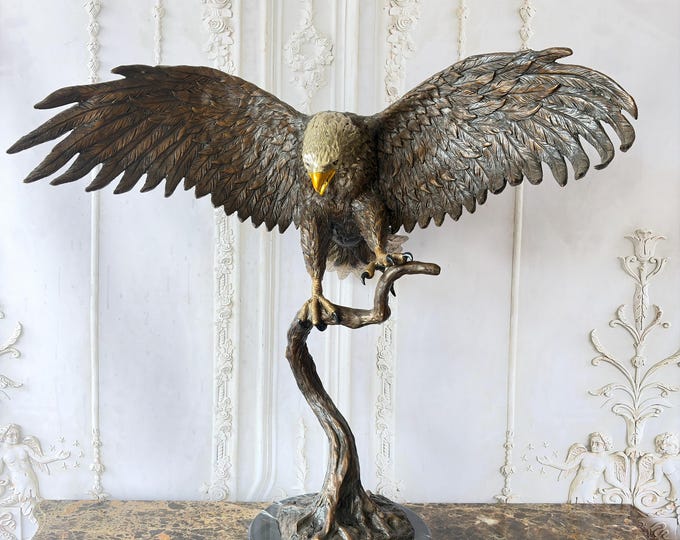 Bronze Attacking Eagle Statue: Foundry Mark Figurine on Marble Base