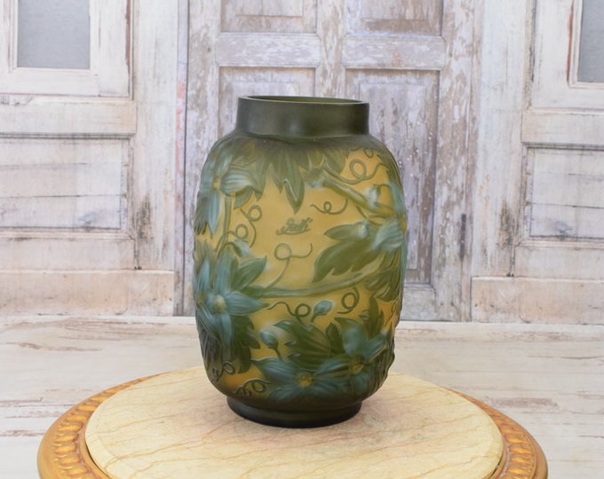 Limited Flower Vase - Green and Orange Glass Vase - Emile Galle Style - Handmade Glass - Wedding Gift Idea - Home Decor