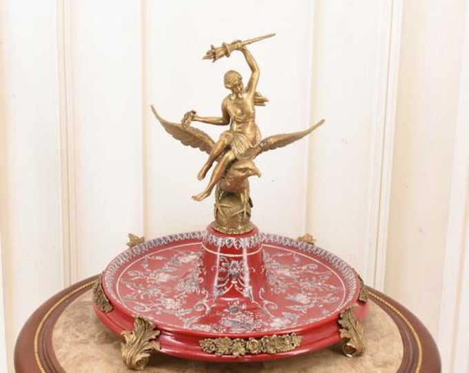 Vintage Red Porcelain Plateau Bowl — Victoria With Torch On Eagle — Bronze Ormolu Ornaments — Signed Unique Decor